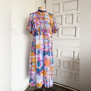 NWT Julia Jordan Multicolor Abstract Midi Dress Puff Sleeve Size 12